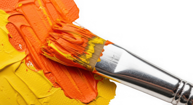 Closeup of a paintbrush with thick orange and yellow paint strokes, isolated on white background