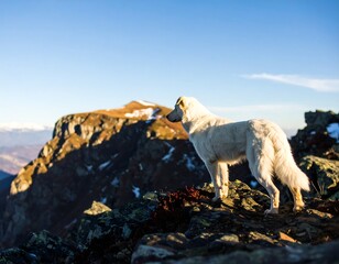 Dog atop mountain peak, stunning vista