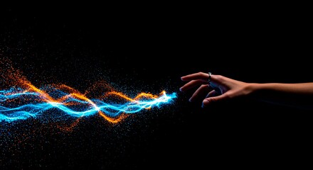 A hand reaching towards a wavy pattern of orange and blue particles on a dark black background scene
