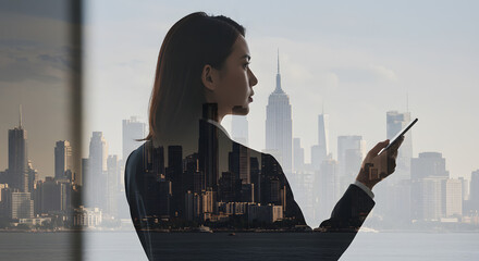 Double exposure of a businesswoman holding a smartphone against a modern city skyline.