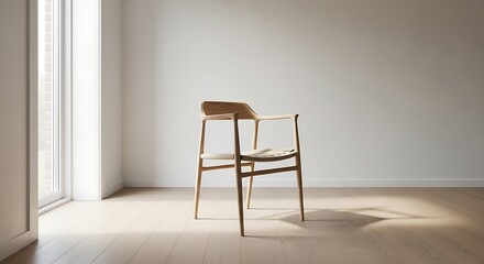 Solitary Mid-Century Modern Chair in a Sunlit, Minimalist Room with Soft Shadows.