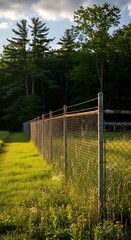 Chain link fence with summer meadow.