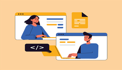 Vector illustration of developers collaborating on a remote work project