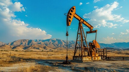 Fototapeta premium An oil well in a desert landscape with mountains in the background.