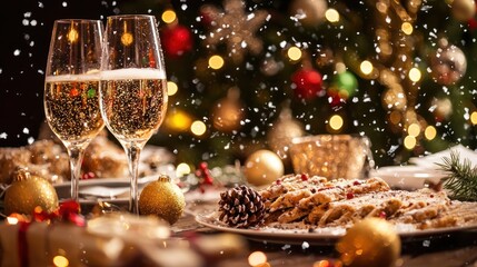 Two glasses of champagne with a Christmas tree in the background. The festive theme of holiday celebrations.