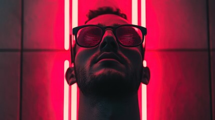 A man with glasses standing in front of a red and pink neon light.