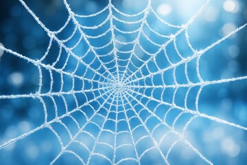 Delicate frosty spider web on soft blue light abstract background with bokeh effect representing winter nature and seasonal cold atmosphere. Ai generative