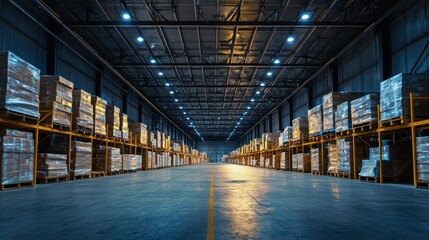 A large, empty warehouse with rows of pallets stacked with boxes and crates.