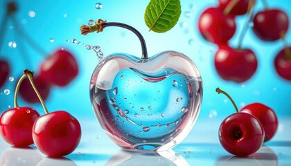 Cherry and water splash in heart-shaped glass