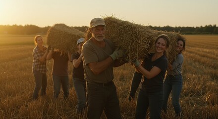 Farmers working together, carrying a bale of hay, against the warm glow of the setting sun, embodying the spirit of community.