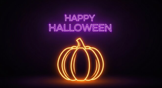Vibrant neon pumpkin glows with 'Happy Halloween' message for festive celebrations - Powered by Adobe