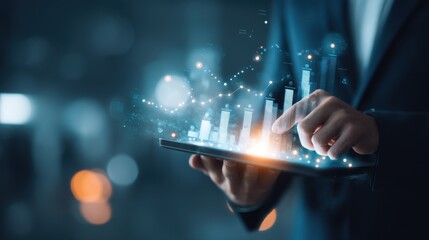 Fototapeta premium Businessman analyzing financial data on a futuristic tablet with a holographic interface showing growth charts and graphs
