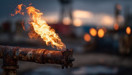 Burning gas flaring from rusty pipe
