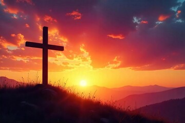 Serene landscape with a wooden cross silhouetted against a vibrant sunset, evoking peace and spiritual reflection Perfect for Easter, Lent, or general Christian themes , resurrection, twilight