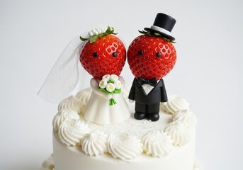 A wedding cake decorated with strawberry figures dressed as a bride and groom, with frosting swirls