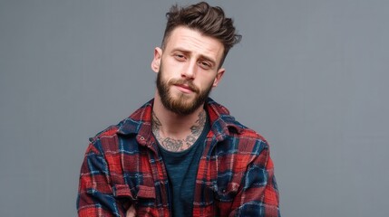Fototapeta premium Portrait of a serious young bearded man with neck tattoos wearing a casual red and blue plaid flannel shirt looking at the camera against a gray studio background