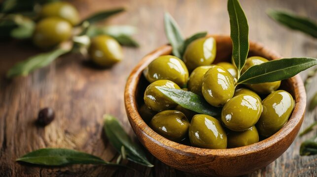 A wooden bowl filled with green olives on a rustic wooden table with olive leaves and a few olives scattered around.