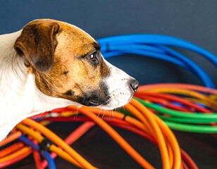 Dog by colorful hoops