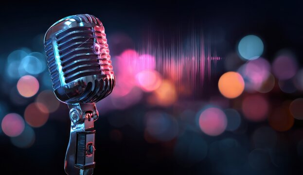 Vintage microphone in a vibrant concert setting