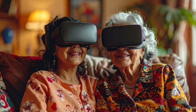 Elderly female friends sharing an immersive experience using virtual reality headsets at home