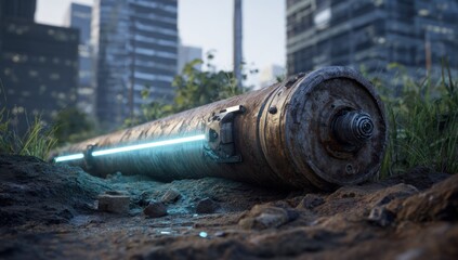 Rusty pipeline in a post-apocalyptic cityscape