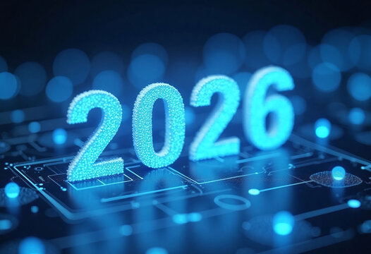 2026 numbers floating above digital holographic interface, blue neon lighting, biotech concept of research brands and innovation