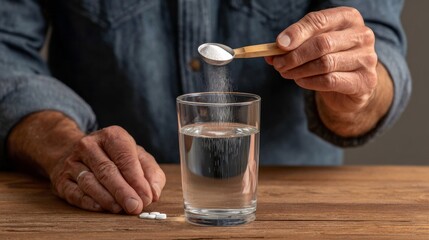Adding a powder supplement to a glass of water for hydration and health benefits in a home setting