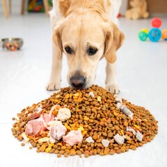 Dog eating a large pile of dog food