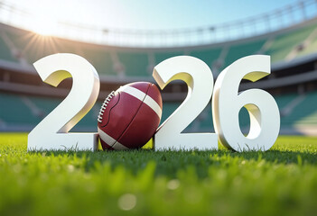 2026 numbers with american football on field in stadium sport, event concept of championship promotions