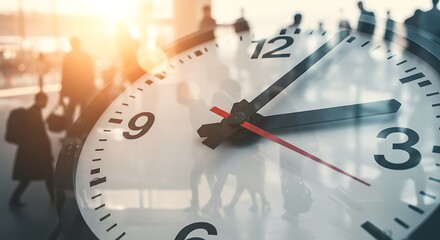 Clock face overlaying blurred figures in transit or airport terminal