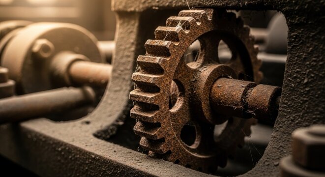 Rusted gear and shaft on old machinery, with dust and spiderwebs