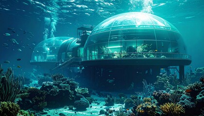 Advanced submersible architecture featuring a glowing biodome, a futuristic vision of an underwater marine research laboratory