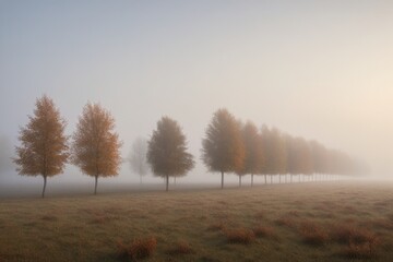 Fototapeta premium Reihe herbstlicher Bäume im Morgennebel auf einer Wiese mit sanfter Lichtstimmung