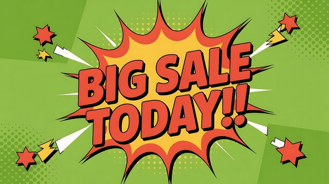 Explosive Big Sale Today announcement in vibrant comic book style captures attention for urgent shopping opportunities, driving immediate customer action and boosting business revenue.