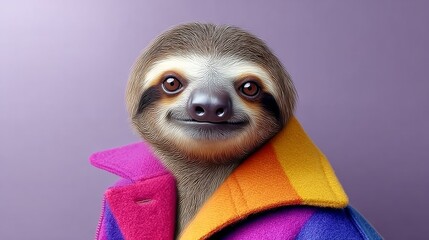 A colorful sloth is wearing a jacket and smiling. The jacket is multicolored and has a rainbow pattern