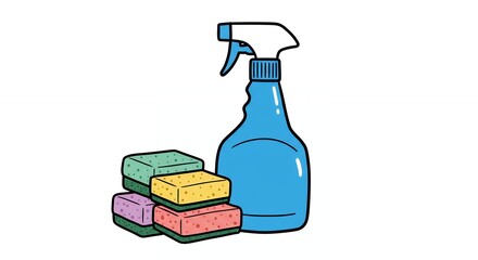 Cleaning supplies illustration spray bottle and sponges isolated on white background