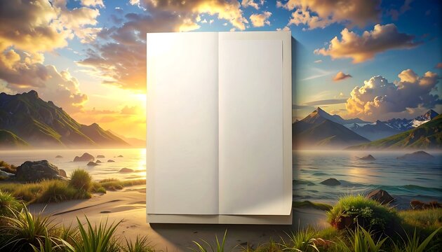 Open book on a beach at sunset