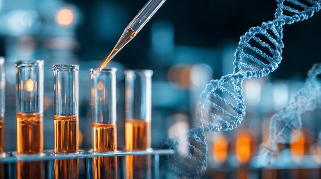 Laboratory experiment with pipette filling test tubes with liquid while DNA strand is visible in background