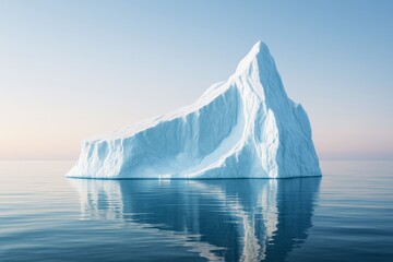 Majestic iceberg floating on calm ocean water under soft morning light with clear sky background, symbolizing climate change and purity. Ai generative