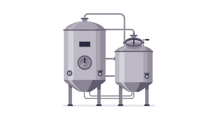 Industrial brewery equipment with connected metal tanks for brewing process