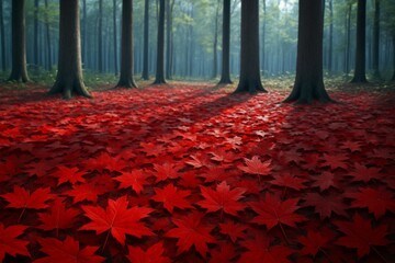 Bright red maple leaves covering forest floor under tall trees with soft morning light casting long shadows in a peaceful woodland background scene. Ai generative