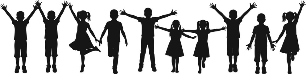 Happy children silhouettes jumping, playing, and having fun outdoors together, representing childhood, joy, friendship, and energetic group activities.