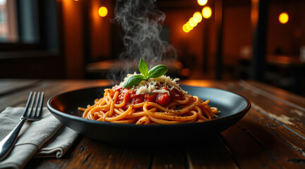Appetizing spaghetti in a black matte bowl on a rustic wooden table. Steam rises from the dish, highlighting its fresh, hot preparation in a cinematic style.