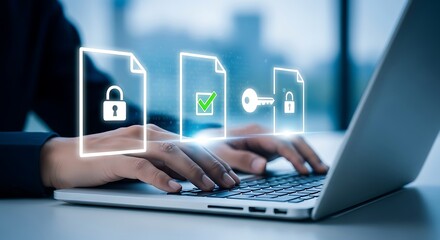 Hands typing on laptop near glowing digital icons representing data security document protection encryption