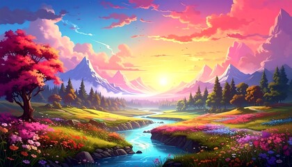 Colorful mountain valley at sunrise