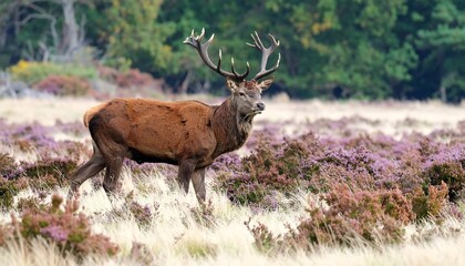 Majestic stag in a heather field