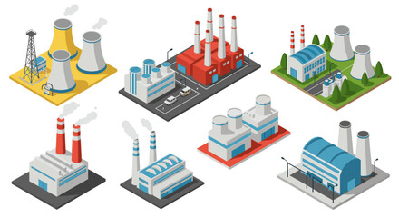 Obraz premium Isometric industrial buildings and factories set with chimneys and cooling towers