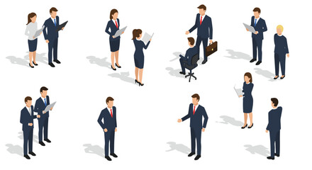 Isometric business people collaborating and discussing in professional settings