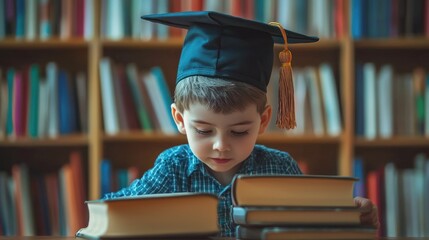 A young boy wearing a graduation cap, sitting at a table with a stack of books in a library.