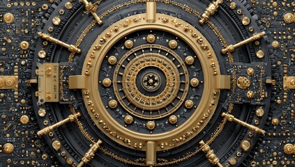 Fototapeta premium Ornate, gold-and-black vault door with intricate, circular design